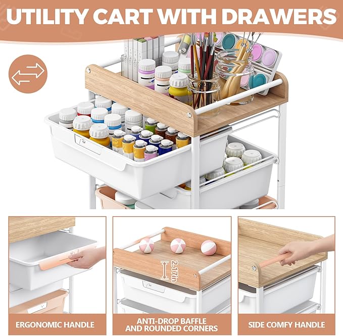 Rolling Craft Storage Cart with 4 Drawers,Utility Cart with Drawers,Art Craft Organizers and Storage,Kids Craft Cart,Kids Art Cart With DIY Lable and Wooden Tabletop Area, Pearl
