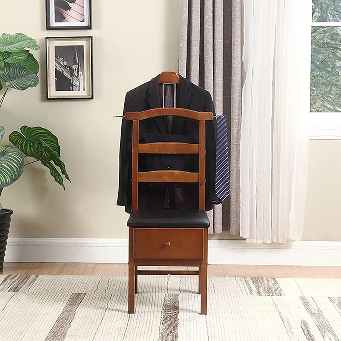 Brown Valet Stand with Office Chair Hanger & Drawer - Men's Accessory Organizer for Clothes, Watches, Keys & More