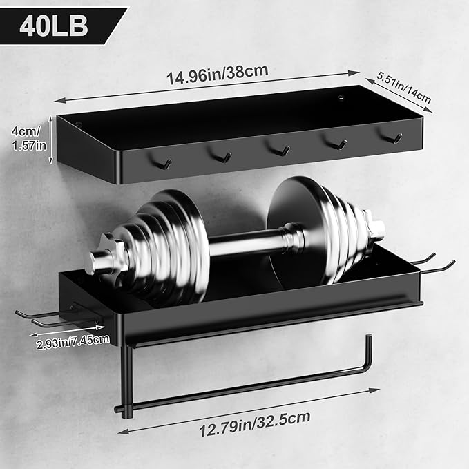 ZUNTO Garage Paper Towel Holder with 2 Shelves, Black Paper Towel Holder with Hooks, Wall Mount Paper Towel Rack for Organization and Storage, Drilling
