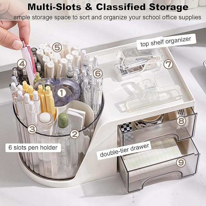 Marte Vanci 360° Rotating Desk Organizer with 2 Drawer, Desktop Rotating Pen Holder with 6 Slots, Small Makeup Organizer, Multifunctional Desk Accessories for Office, Home(White)