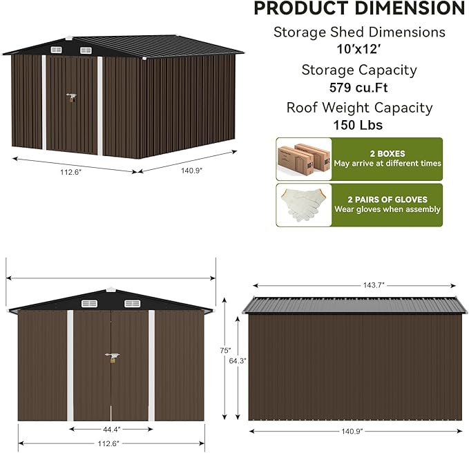 COMHOMA Shed Outdoor Storage Shed Metal,Lockable Doors Tool Sheds with Sloping Roof,Steel Garden Shed with Air Vent for Backyard,Patio,Lawn,Poolside (Brown, 10'x12')