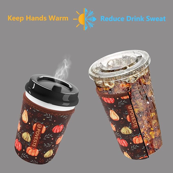 Reusable Neoprene Insulator Sleeve for Iced Coffee & Cold Soda, Coffee Sleeves for Iced & Hot Drinks, Cold Beverage Cooler Compatible with Starbucks, Dunkin (Harvest Pumpkin, Large: 32oz)