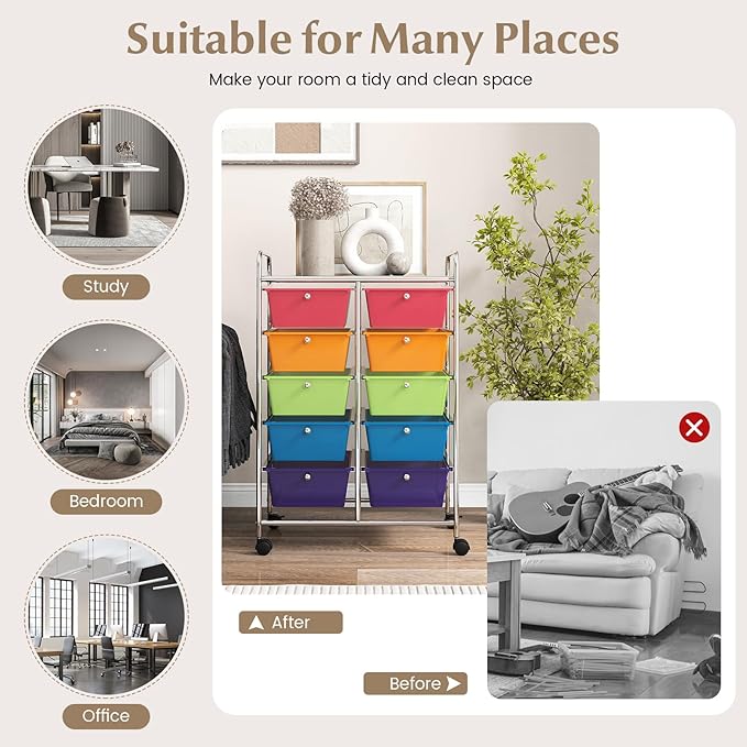 RELAX4LIFE Rolling Storage Cart with 10 Drawers - Craft Storage Cart with Lockable Wheels,Utility Cart, Art Cart Organizer for Crafting Storage, Studio, Office, School Rolling Drawer Cart (Rainbow)