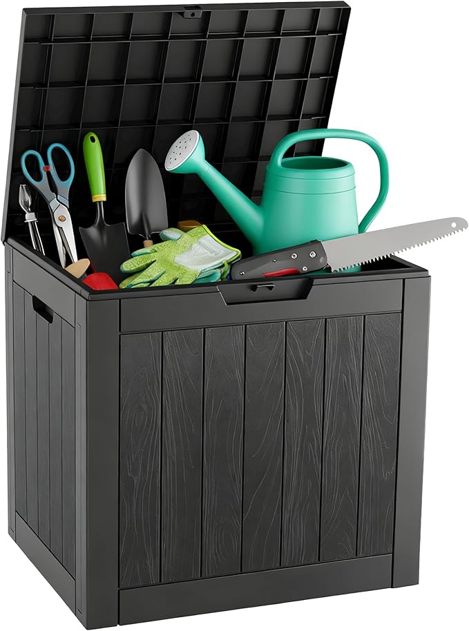 Outdoor Storage Box, Resin Deck Boxes Indoor and outdoor, Waterproof Storage Box Lockable Lid (Black,32 Gallon)
