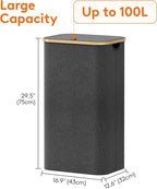 Lifewit 100L Laundry Basket with Lid, Clothes Hampers for Laundry with Bamboo Handles and 1 Removable Bag, Large Foldable Laundry Hamper for Bedroom, Bathroom, Dorm, Laundry Room, Dark Gray