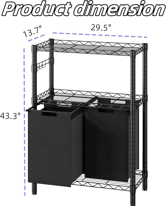 2 Section Laundry Sorter, Laundry Hamper with Shelf, 90L Pull-Out and Removable Oxford Fabric Laundry Bags, 2 Laundry Organizer Basket Clothes Separator Hamper, Black