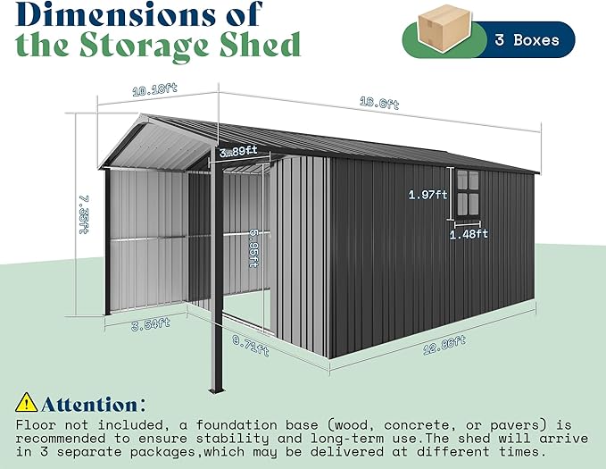 AMERLIFE 10x16.6x7.3 FT Outdoor Storage Shed with Lounge Area, Metal Shed with Sliding Doors, 2 4-Pane Windows & 4 Vents, Heavy-Duty Weather-Resistant Steel for Backyard & Garden, Dark Gray