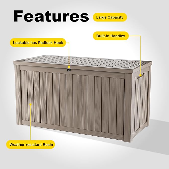 DRATO 150 Gallon Outdoor Storage Box, Large Waterproof Deck Box, Lockable Resin Storage Container with Reinforced Support for Patio Cushions, Garden Tools, UV-Resistant Outdoor Chest（Gray，150 Gallon）