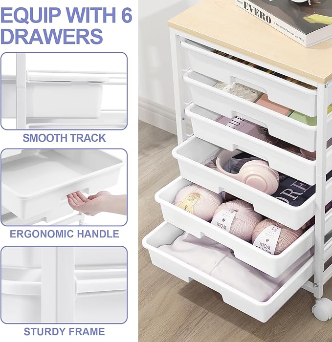 Rolling Cart with Drawers,Utility Cart with 6 Drawers,Rolling Storage Cart with Drawers and Wooden Tabletop & Lockable Wheel,White