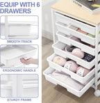 Rolling Cart with Drawers,Utility Cart with 6 Drawers,Rolling Storage Cart with Drawers and Wooden Tabletop & Lockable Wheel,White