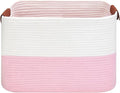 Large Cotton Rope Storage Basket with Leather Handles, Laundry Hamper Basket, 20 "L x 14" W x 12 "H, Durable & Stylish Organizer for Home.(Large Pink)