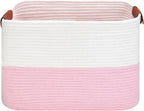 Large Cotton Rope Storage Basket with Leather Handles, Laundry Hamper Basket, 20 "L x 14" W x 12 "H, Durable & Stylish Organizer for Home.(Large Pink)