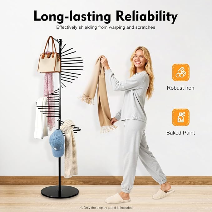 Scarf Organizer Stand, 67" Freestanding Scarf Display Rack with 30 Rods, Metal Spiral Scarf Holder Belt Pants Hanger for Commercial Clothing Retail Store Home, Space Saving Shelves(Black)