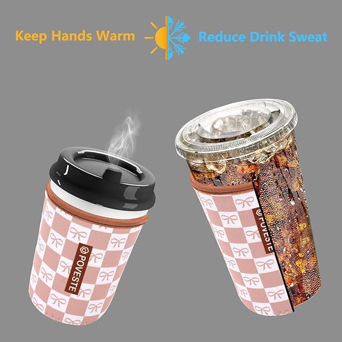 Reusable Neoprene Insulator Sleeve for Iced Coffee & Cold Soda, Coffee Sleeves for Iced & Hot Drinks, Cold Beverage Cooler Compatible with Starbucks, Dunkin (MochCheckerboad&Bow, Large: 32oz)