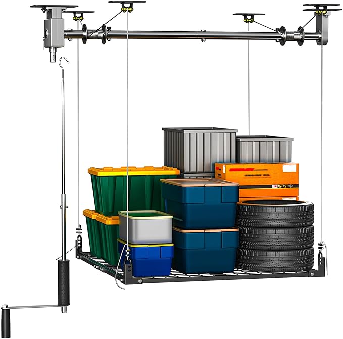 Garage Ceiling Storage Racks,4x4 FT Garage Storage Lift with Secure Lock,Heavyweight Overhead Rack for Easy Up Down,Industrial Elevator System Holds 400 Lbs