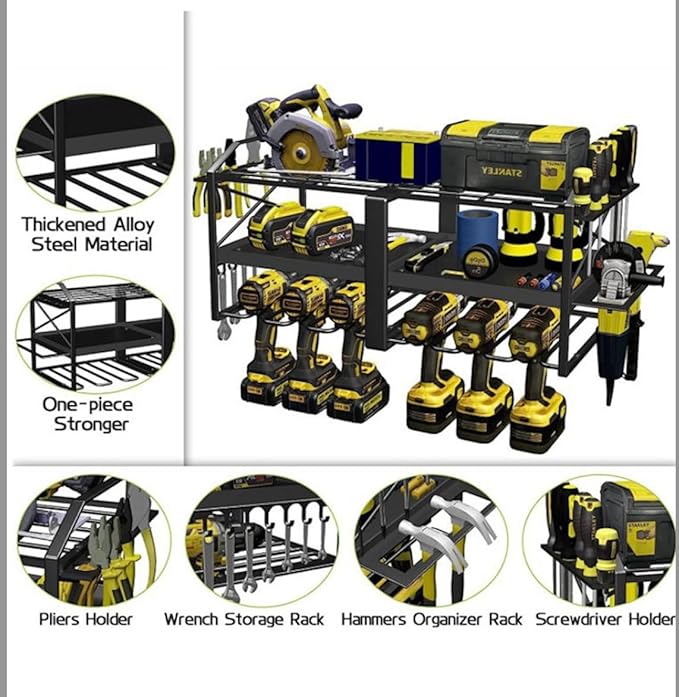 3-Tier Wall Mounted Power Tool Organizer, Heavy Duty Storage Rack, Tool Shelf for Garage & Workshop (3-Tier with 6 Slots)