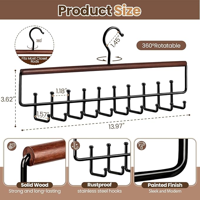 2PCS Tie Rack Hanger for Closet Upgraded 2-in-1 Tie and Belt Hanger Non Slip Tie Rack with 20 Hooks Tie Hanger Space Saving Wooden Belt Tie Organizer for Tank Tops Bras Cami Scarves, Walnut Color
