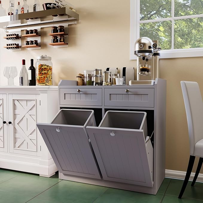 Double Tilt Out Trash Can Cabinet, Dog-Resistant, Fits 13.8"H Bins (Max 11.8"x11.8" Base), Includes Removable Fabric Hamper, Easy Assembly, Grey for Kitchen & Laundry