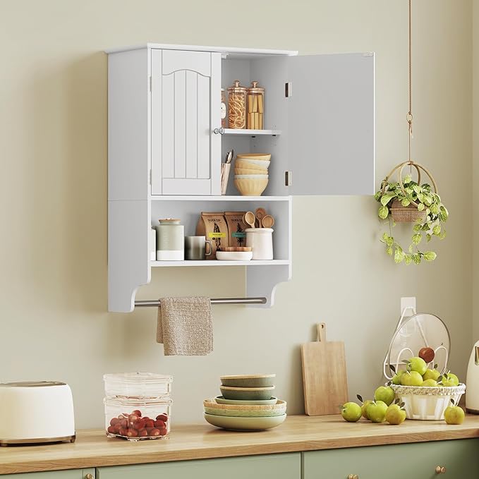 TEENFON Bathroom Wall Cabinet with Adjustable Shelves and Towel Rack, Wall Mounted Over the Toilet Storage Cabinet for Bathroom, Living Room, White UNGGX005W