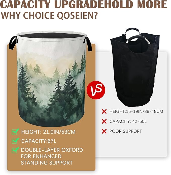 Large Laundry Basket,Green Forest Collapsible Laundry Baskets,Misty Mountains Waterproof Oxford Hamper with Handles for Bathroom Bedroom Nursery Home Storage 16"x20"
