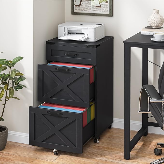 3 Drawer Small File Cabinet with Wheels, Farmhouse Vertical Filing Cabinet Fits Letter/A4 Size, Rolling File Cabinets Wooden Printer Stand for Home Office, Rustic Black