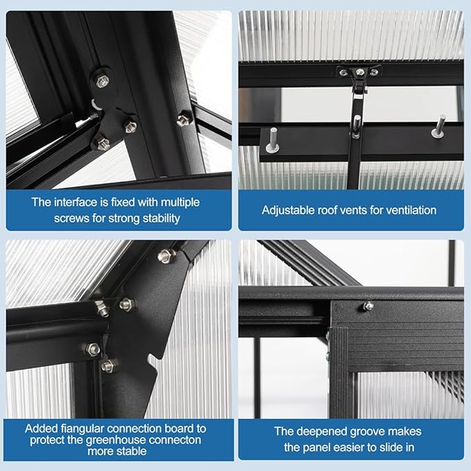 Double Sliding Door Polycarbonate Greenhouse with Rain Gutter and Roof Vent, Raised Base and Anchor Aluminum Heavy Duty Walk-in Green House, Outdoor Patio Sunroom (Black, 97.75*94.5*89.5in)