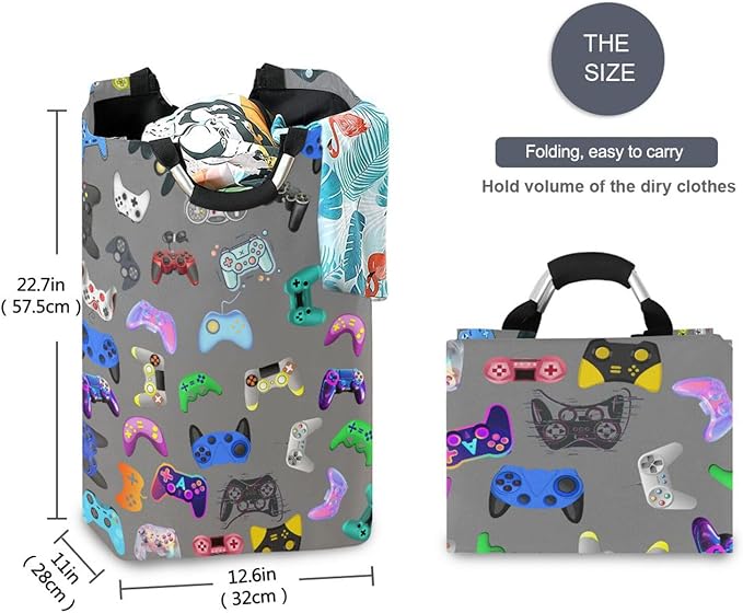 Video Games Laundry Basket for College Dorm,50L Collapsible Portable Laundry Hamper Storage Basket for Toys Clothes Organizer