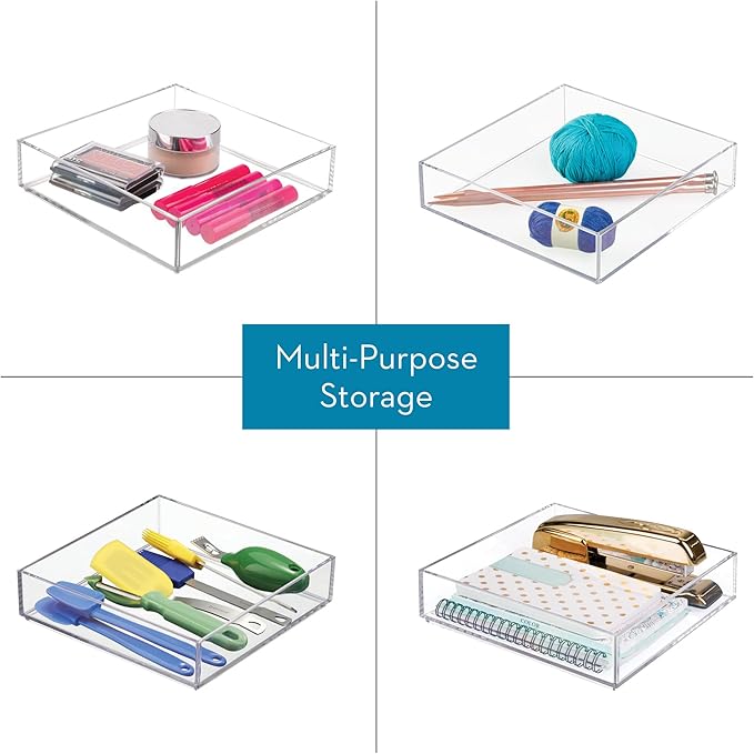 iDesign Stackable Makeup Drawer Organizer Tray - Vanity Organizer or Desk Organizer, Set of 4, Clear
