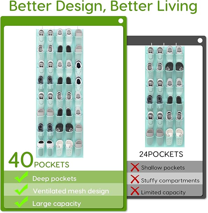 Unjumbly Over the Door Shoe Organizer with 40 Large Breathable Mesh Pockets, Space Saving Shoe Holder, Hanging Shoe Rack for Entryway Bedroom Closet Storage (Mint Blue, 40 Pockets)