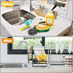 Kitchen Sink Caddy with 3 Dishcloth Drying Racks, Sponge Holder Rag Stand with Drain Pan, Metal Sink Storage Organizer with Removal Basket for Brush, Towel, Scrubber, Dish Rag, Black