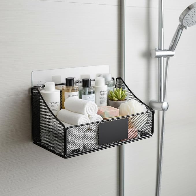 Toilet Paper Storage Basket, Metal Toilet Paper Holder, Self Adhesive Wall Mounted Bathroom Shelves with a Marker Pen, Home Organizers & Storage,Bathroom Decor and Accessories, Black