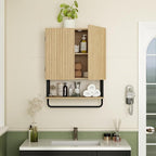 RUSTOWN Farmhouse Bathroom Wall Cabinet with 2 Door, 3-Tier Curved Profile Wooden Medicine Cabinet, Wall Mounted Storage Cabinet with Adjustable Shelf and Towel Bar (Natural, Small)