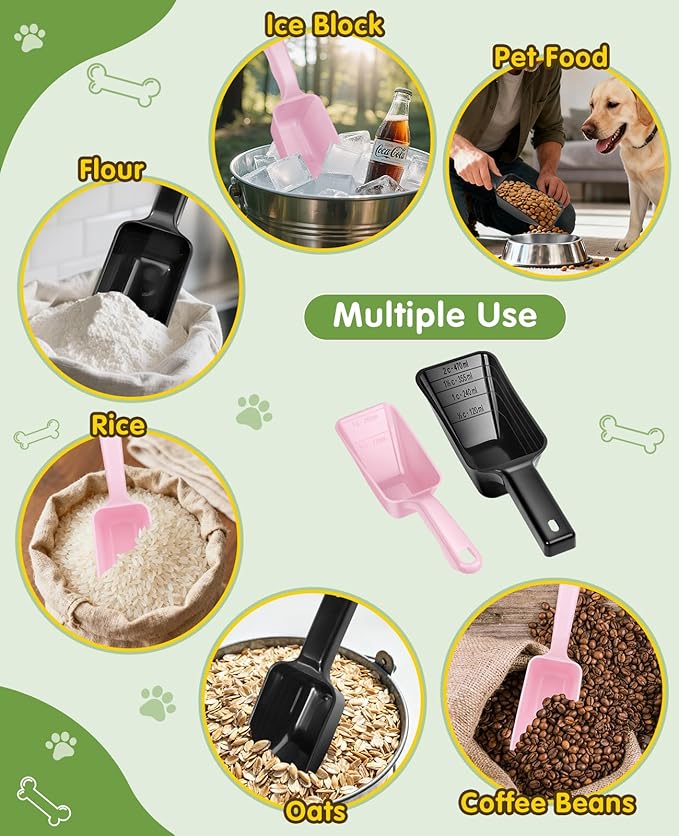 2 Pack Dog Food Scoop with 1 Cup and 2 Cup Capacity, Plastic Pet Food Measuring Scoops with Clear Measurement Lines for Dogs, Cats & More,Dishwasher safe (Pink and Black)