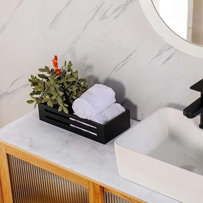 Bathroom Decor Box,Wooden Toilet Tank Topper Basket Tray,Back of Toilet Basket for Paper Storage Bathroom Counter Organizer (Black, Hollowed-Out 15 * 6.1 * 3in)