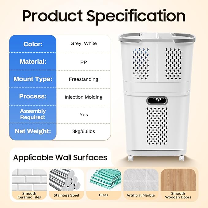2 Tier Rolling Laundry Hampers Sorter, Removable Laundry Basket holder with Wheels and Handle, Portable Storage Basket Cart for Kitchens, Bathrooms, Bedrooms, Laundry Room