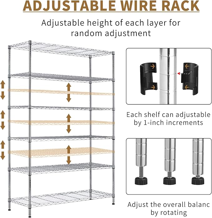 6-Tier Storage Shelves 45" x 18" x 82" Heavy Duty Metal Shelving Unit 2100Lb Capacity Adjustable Storage Racks with Wheels NSF Garage Wire Shelf for Basement Commercial, Chrome