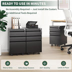 3 Drawer File Cabinet with Lock,Under Desk Rolling Small Filing Cabinet for Home Office Storage,Mobile Steel Cabinets with Wheels,Fully Assembled,Black