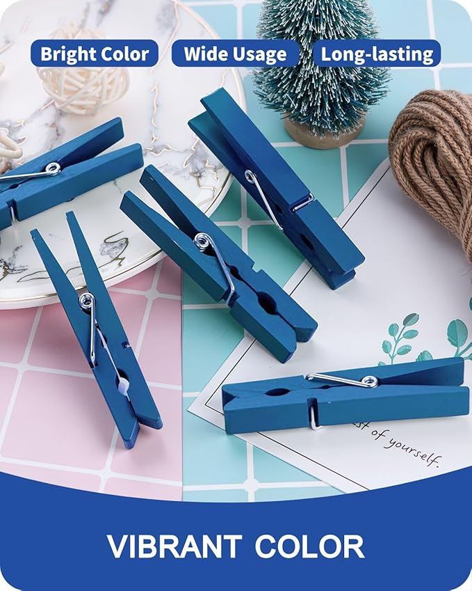 Blue Clothes Pins, Colored Wooden Clothespins for Baby Shower Game, Wreath, Crafts, Strong Grip Close Pins Birchwood Clips Clothespin Clothing Pegs for Hanging Clothing Photos, 2.83 Inch, Pack of 50