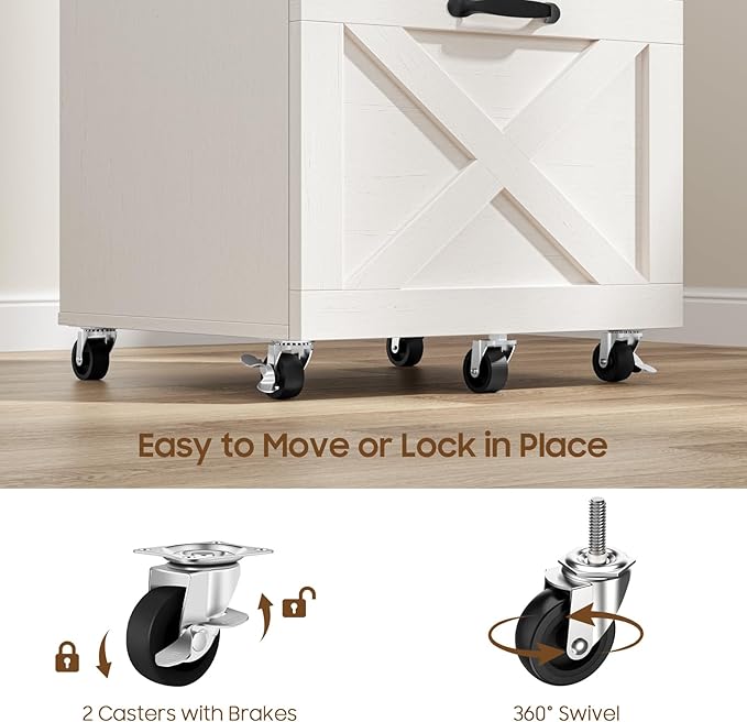 3 Drawer Small File Cabinet with Wheels, Farmhouse Vertical Filing Cabinet Fits Letter/A4 Size, Rolling File Cabinets Wooden Printer Stand for Home Office, Rustic White