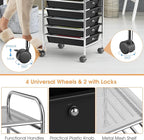 Storage Cart, Rolling Utility Cart with 10 Drawers, Portable Handles & Lockable Wheels, Mobile Paper Toys Storage Organizer Large Capacity for Home Office School Teacher (Black)