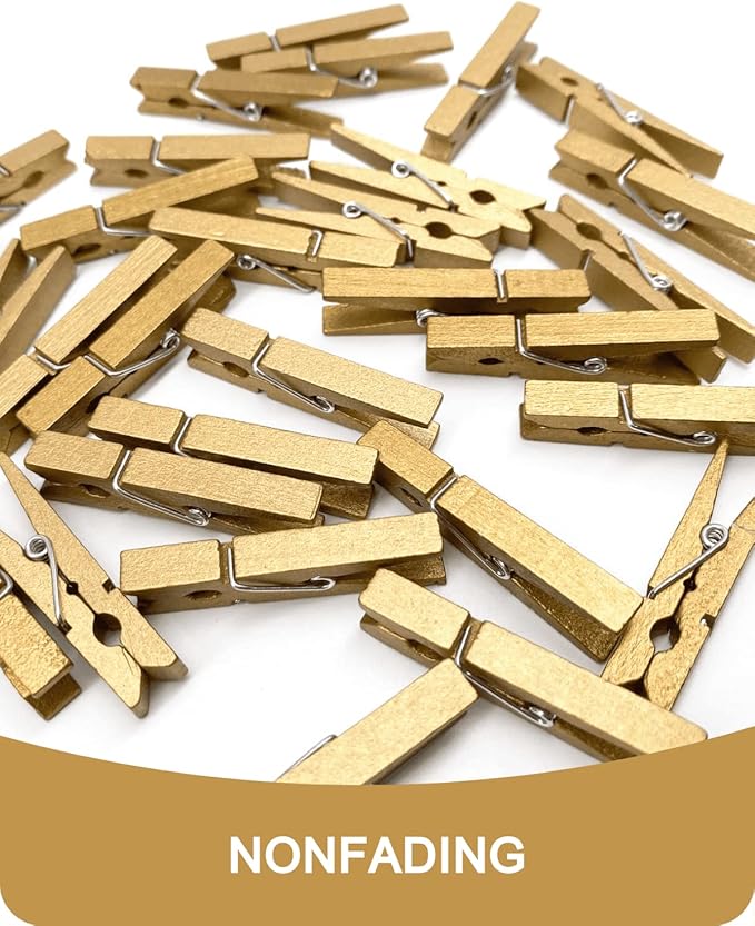 Colored Clothespins, Colorful Clothes Pins Wooden Clips Rainbow Colors 50 Pack Decorative Crafts Pegs Photos Pictures Decoration Clip Clothing Hanging Closepins, 2.83 Inch (Gold)