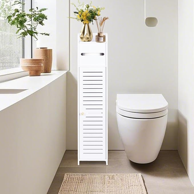 ShellKingdom Toilet Paper Holder Stand, Small Bathroom Storage Cabinet with Doors and Toilet Paper Storage, Slim Storage Cabinet for Bathroom Small Spaces Corner, 31.3 x 6.69 x 6.69 inch (White)
