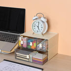 Desktop Storage Drawers, Plastic Desk Organizer with 3 Drawers, Modular Stackable Toolbox Units for Office Stationary, Makeup Container, Bathroom Countertop (1 Tall Layer, Cream & Clear)