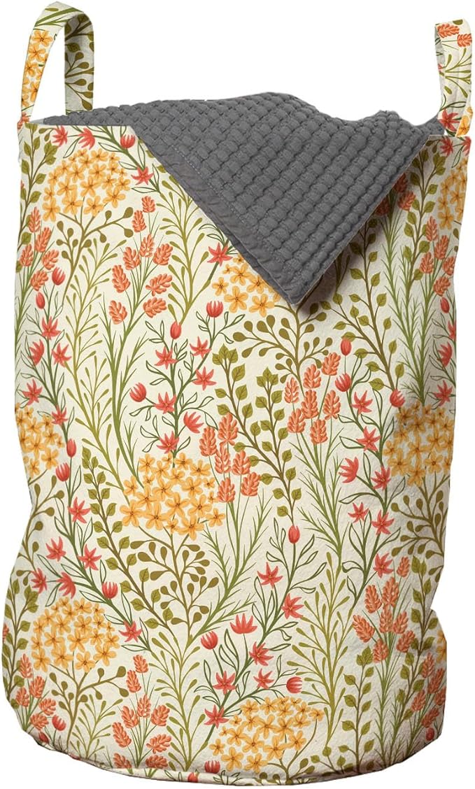 Ambesonne Flower Laundry Bag Pack of 2, Leaves Flowers Old Vintage Ivy Design with Plants Nature Theme Retro Art Print, Hamper Basket with Handles Drawstring Closure, 13" x 19", Green Multicolor
