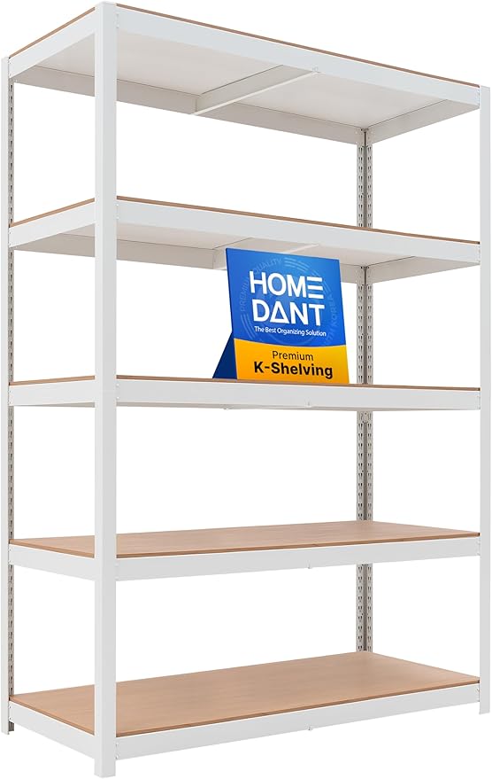 HOMEDANT House 5 Tier Heavy Duty Garage Shelving Adjustable Metal Rack Storage Shelves Standing Shelf Unit Organizers Pantry Closet Office (1, White, 48.1" W x 24.4" D)