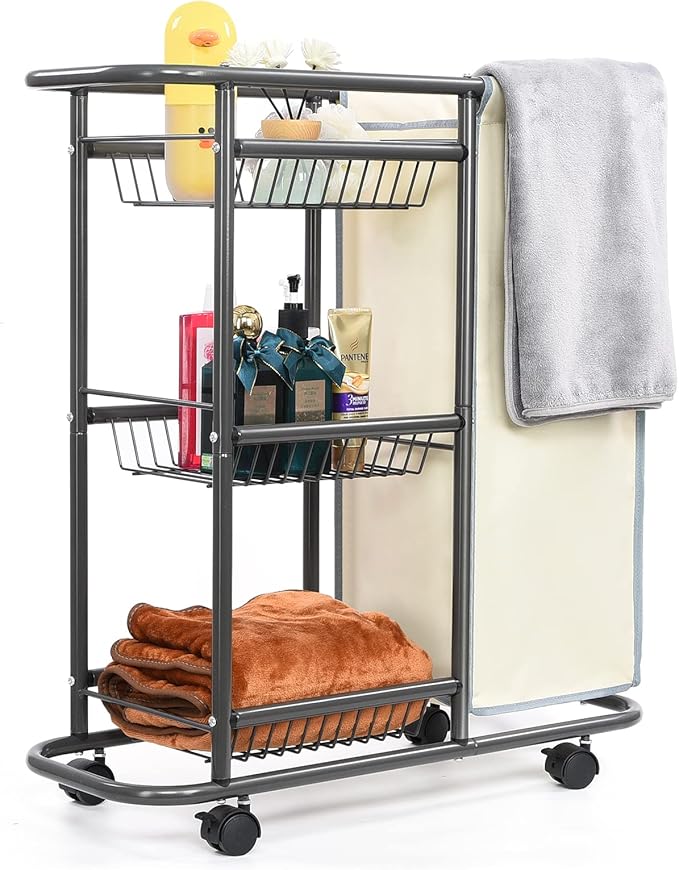 Narrow Laundry Cart with Wheels,3 Baskets and 45L Laundry Bag Metal Rolling Cart for Small Space,Laundry Room Organization and Storage for Bathroom Living Room Apartment Dorm