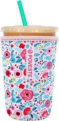 Reusable Neoprene Insulator Sleeve for Iced Coffee & Cold Soda, Coffee Sleeves for Iced & Hot Drinks, Cold Beverage Cooler Compatible with Starbucks, Dunkin (White Flower Garden, Medium: 22-24oz)