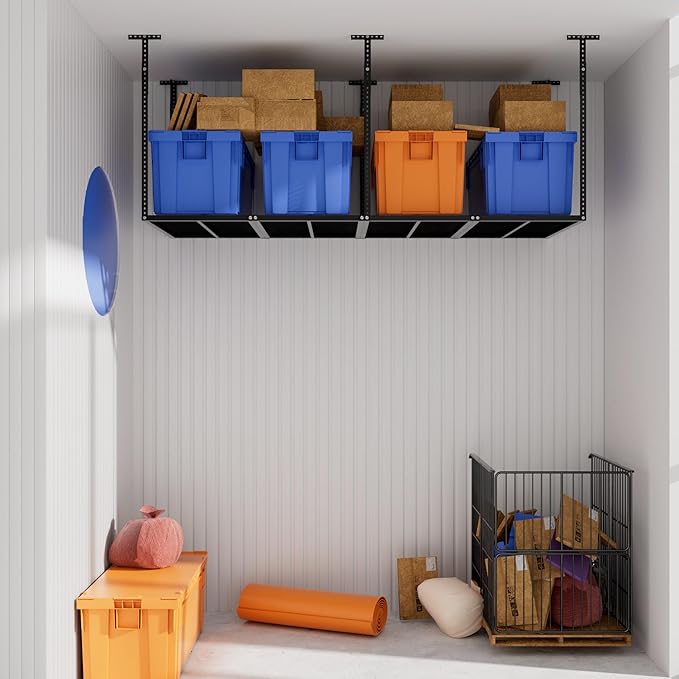 Garage Ceiling Storage Racks 3x8 Ft Heavy Duty Overhead Storage Rack 750 LBS Capacity Adjustable Ceiling Mounted Storage System for Garage Basement Workshop Black