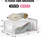 Kuject 15 Pack Shoe Storage Boxes, Large Clear Plastic Stackable Shoe Organizer for Closet, Connect Left and Right Shoe Boxes Case Container Bin for Entryway, Drop Front, Fit for Size 10(White)