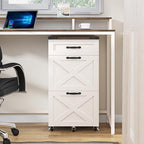 3 Drawer Small File Cabinet with Wheels, Farmhouse Vertical Filing Cabinet Fits Letter/A4 Size, Rolling File Cabinets Wooden Printer Stand for Home Office, Rustic White